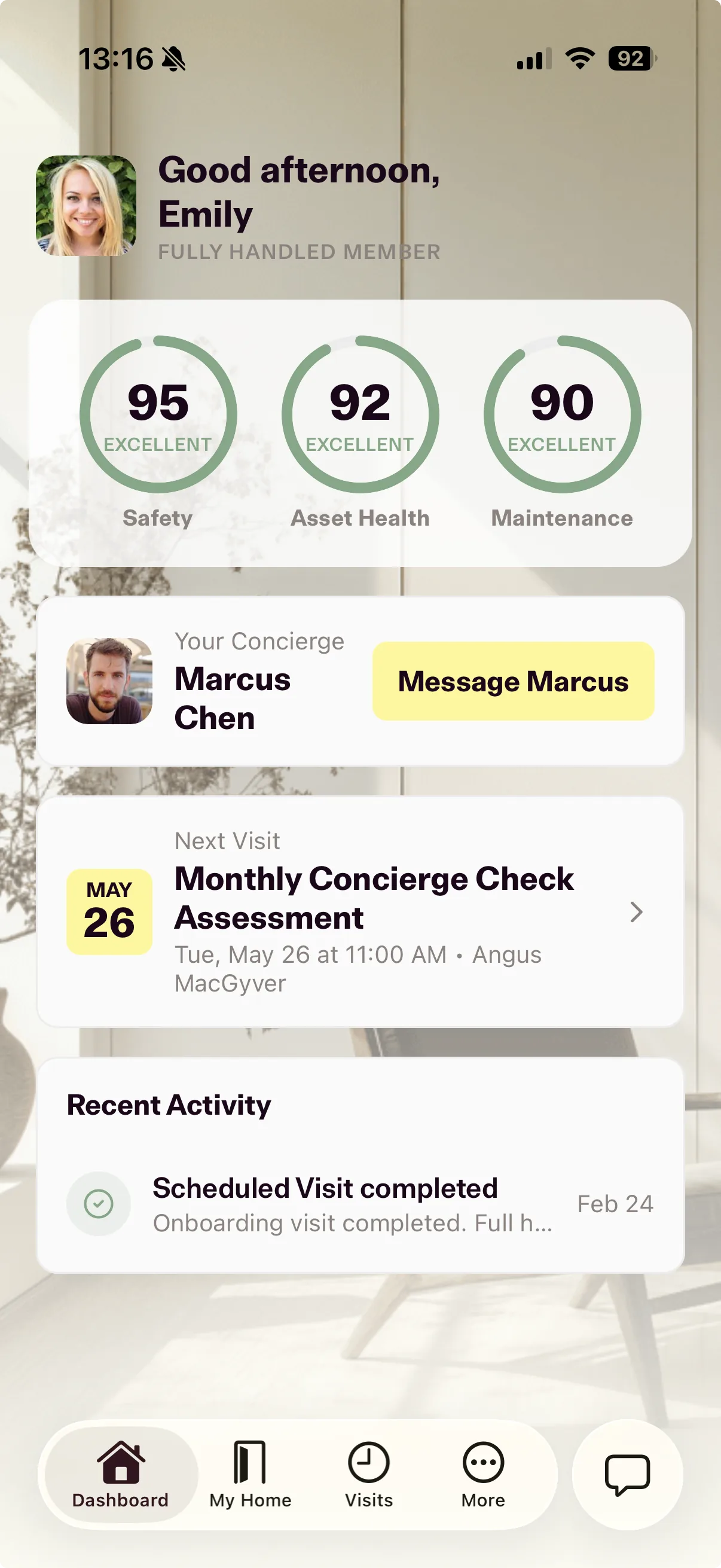 Member dashboard showing Home Health Score