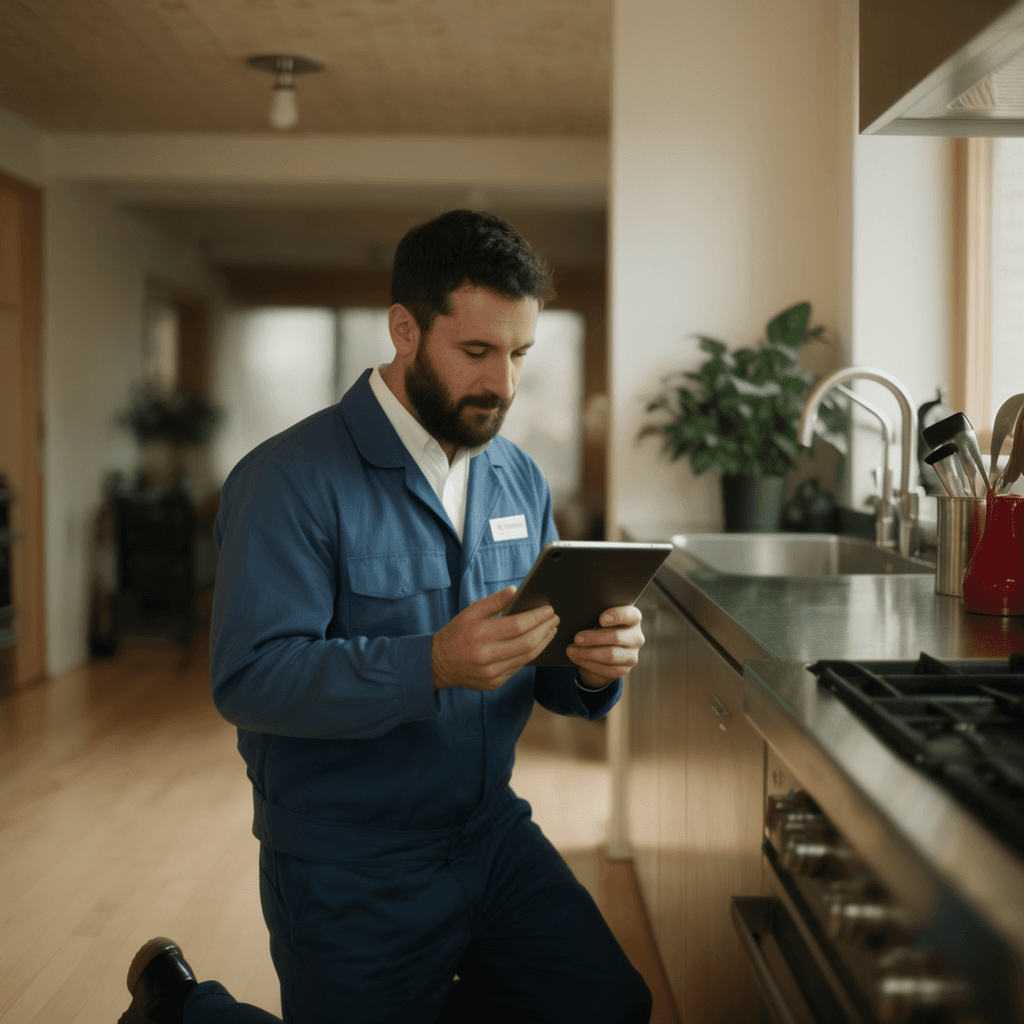An Attend home manager in dark navy work coveralls, kneeling in a client's kitchen and reviewing a tablet during a scheduled condition-report check.