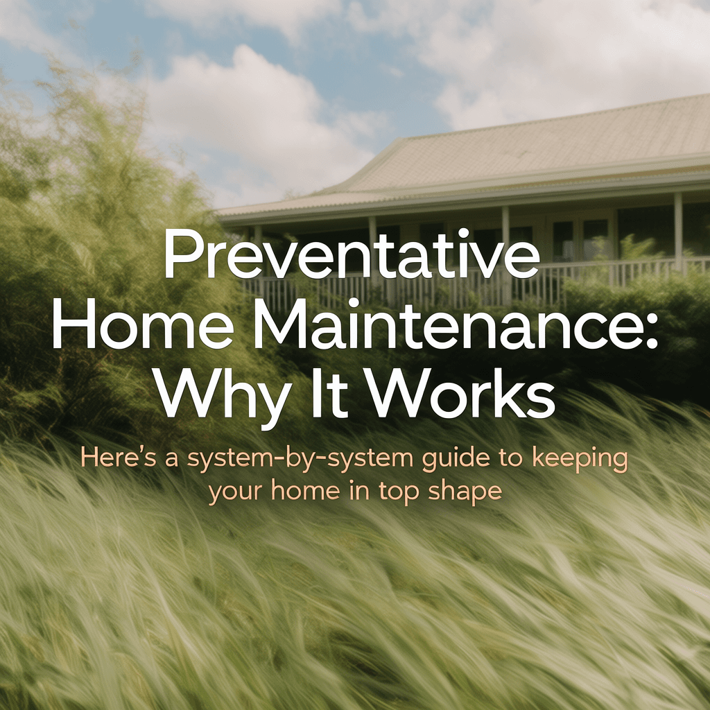 A well-kept farmhouse-style home with a wraparound porch, viewed across a meadow of tall ornamental grasses bending in the wind. Title overlay reads "Preventative Home Maintenance: Why It Works."